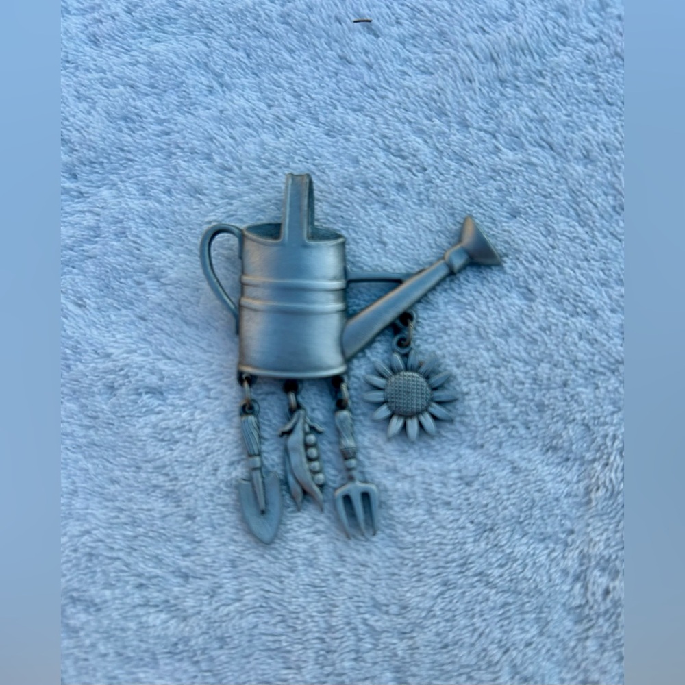 80’s Vintage JJ Pewter Garden Watering Can Brooch Pin